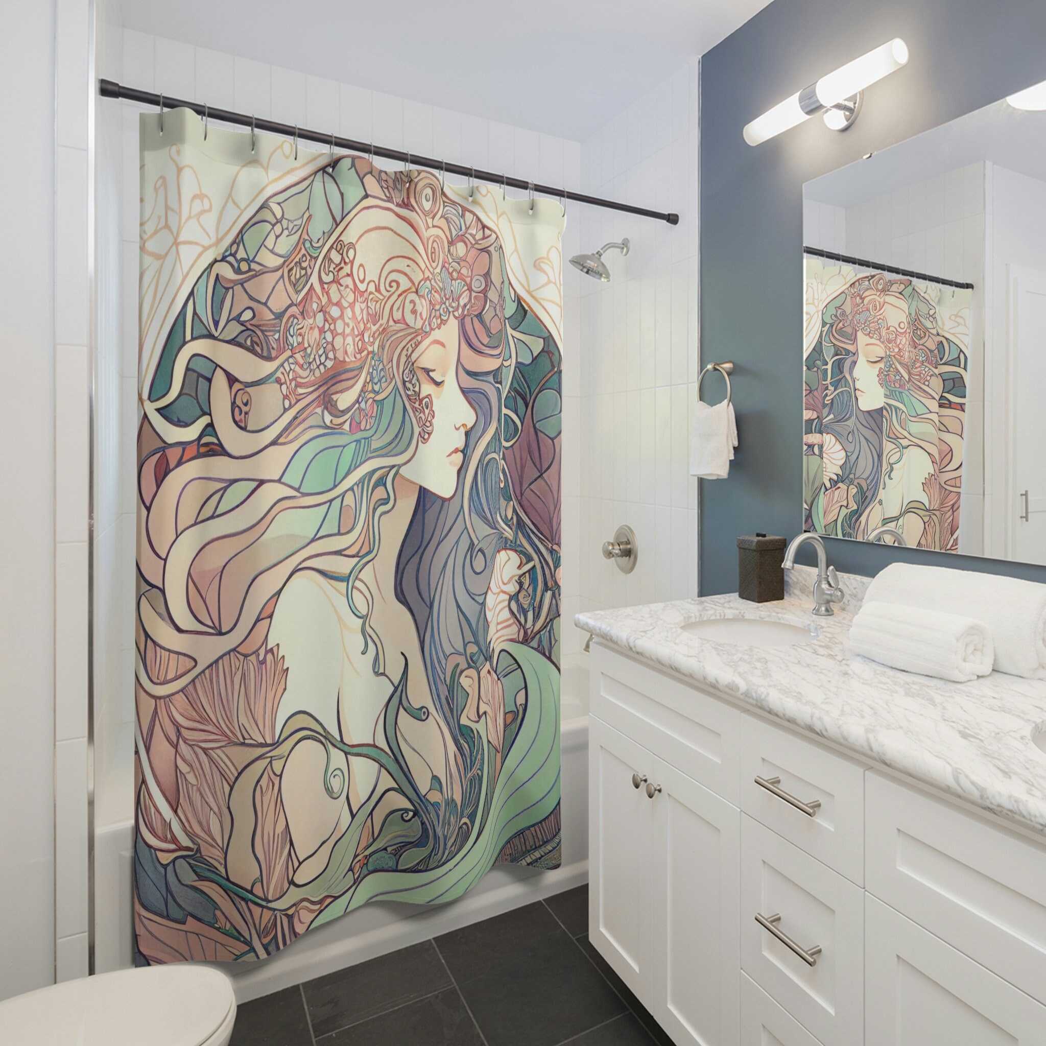 Mermaid Shower Curtain - Art Nouveau Style Bathroom Decor with Intricate Flowing Hair and Pastel Colors