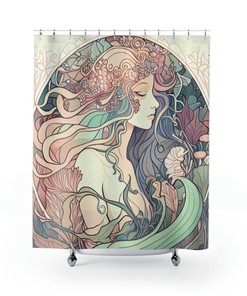 Mermaid Shower Curtain - Art Nouveau Style Bathroom Decor with Intricate Flowing Hair and Pastel Colors