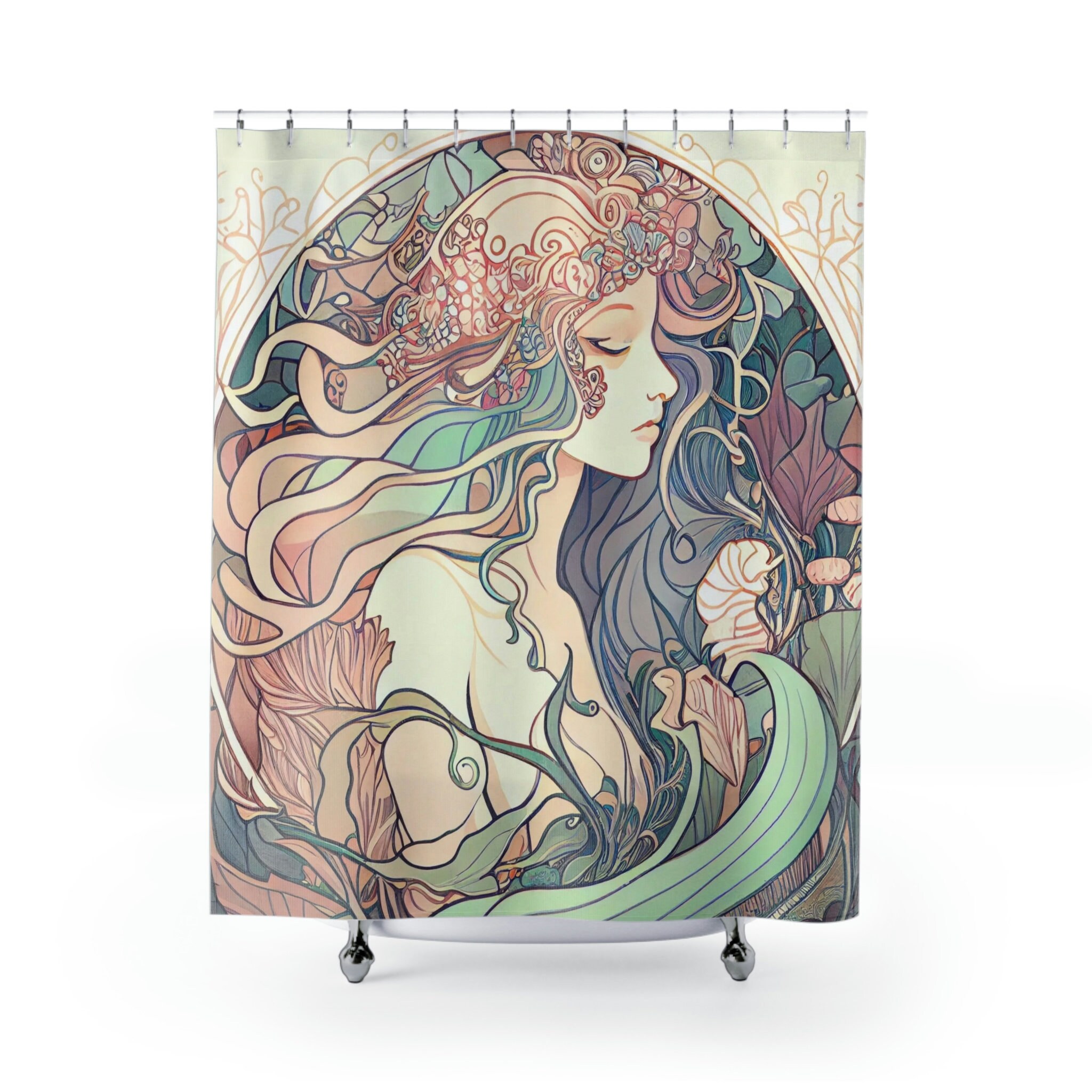 Mermaid Shower Curtain - Art Nouveau Style Bathroom Decor with Intricate Flowing Hair and Pastel Colors
