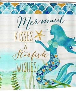 Mermaid Shower Curtain with Quote and Sea Life for Bathroom Decor - Waterproof Fabric with Hooks and Machine Washable