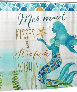 Mermaid Shower Curtain with Quote and Sea Life for Bathroom Decor - Waterproof Fabric with Hooks and Machine Washable