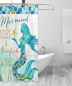 Mermaid Shower Curtain with Quote and Sea Life for Bathroom Decor - Waterproof Fabric with Hooks and Machine Washable