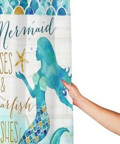 Mermaid Shower Curtain with Quote and Sea Life for Bathroom Decor - Waterproof Fabric with Hooks and Machine Washable