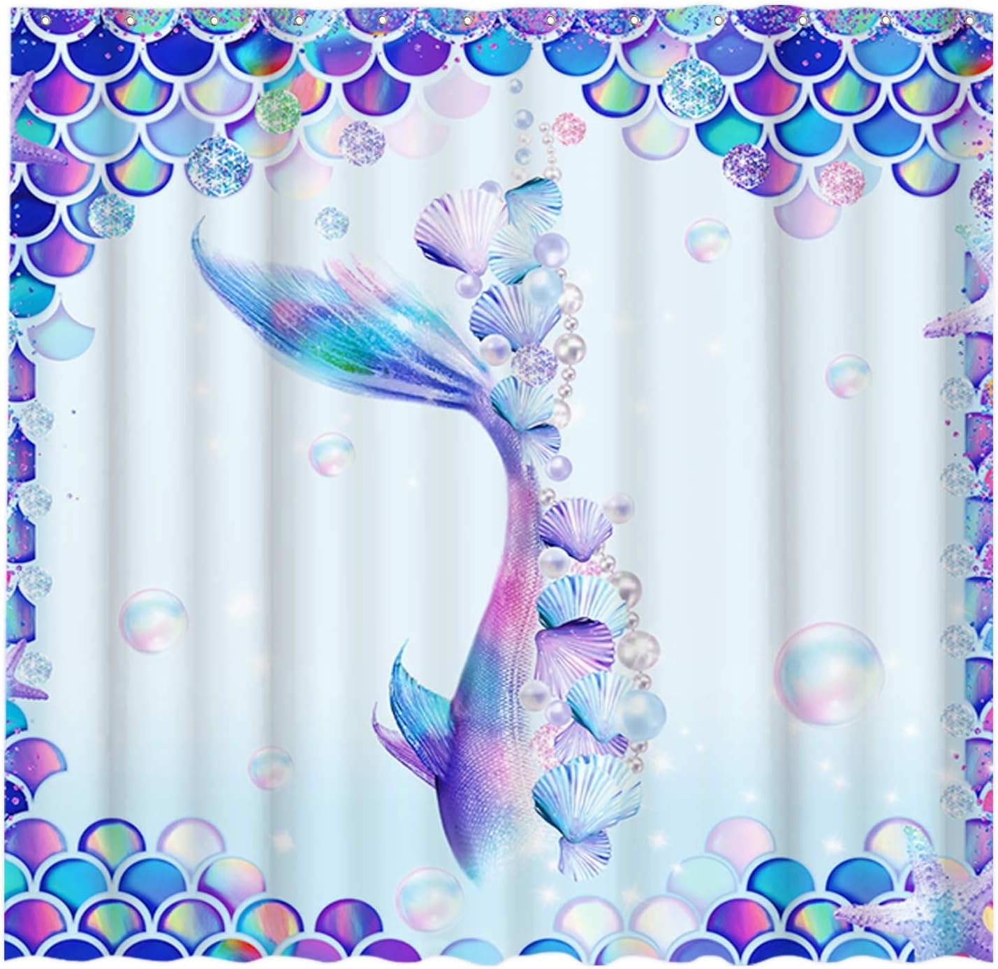 Mermaid Tail Shower Curtain for Girls Bathroom Decor