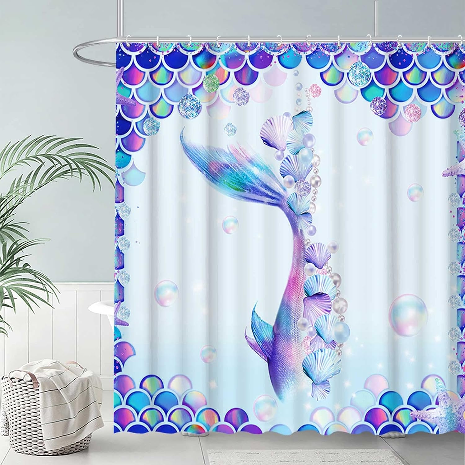Mermaid Tail Shower Curtain for Girls Bathroom Decor