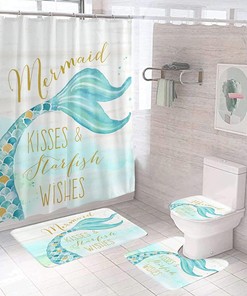 Mermaid and Waves Kisses Wishes Tail Shower Curtain Set for a Dreamy Bathroom Decor 