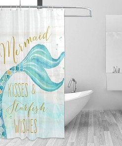 Mermaid and Waves Kisses Wishes Tail Shower Curtain Set for a Dreamy Bathroom Decor