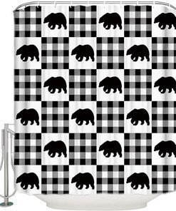 Merry Christmas Black White Buffalo Plaid Polar Bear Shower Curtain - Winter Bathroom Decor