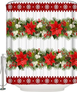 Merry Christmas Flowers and Pine Tree Berry Bathroom Shower Curtain - Waterproof Fabric