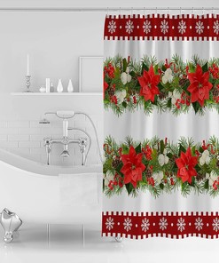 Merry Christmas Flowers and Pine Tree Berry Bathroom Shower Curtain - Waterproof Fabric