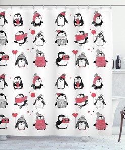 Merry Christmas Penguin Shower Curtain, Hand Drawn Holiday Penguin Illustration, Cloth Bathroom Decor, White and Pink 