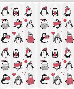 Merry Christmas Penguin Shower Curtain, Hand Drawn Holiday Penguin Illustration, Cloth Bathroom Decor, White and Pink