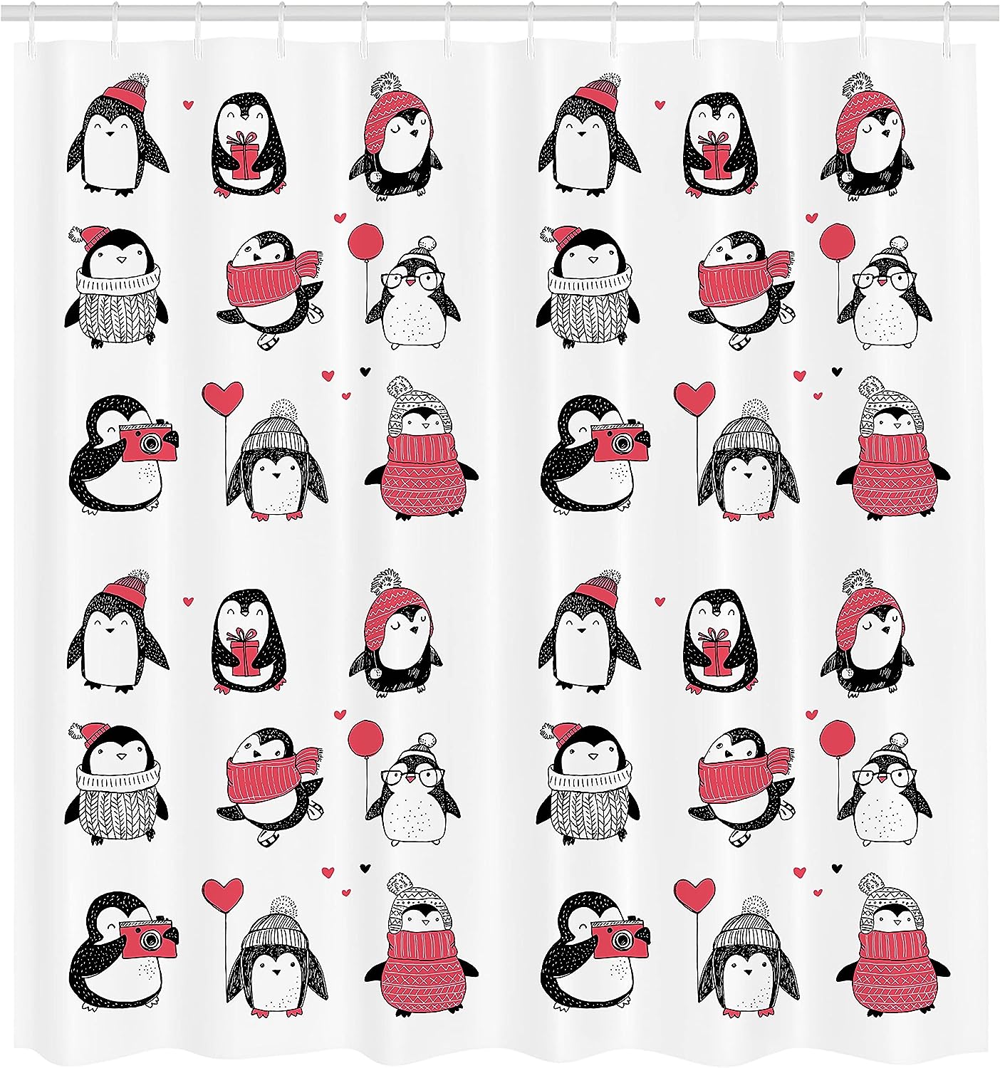 Merry Christmas Penguin Shower Curtain, Hand Drawn Holiday Penguin
