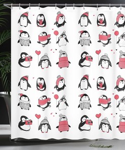 Merry Christmas Penguin Shower Curtain, Hand Drawn Holiday Penguin Illustration, Cloth Bathroom Decor, White and Pink