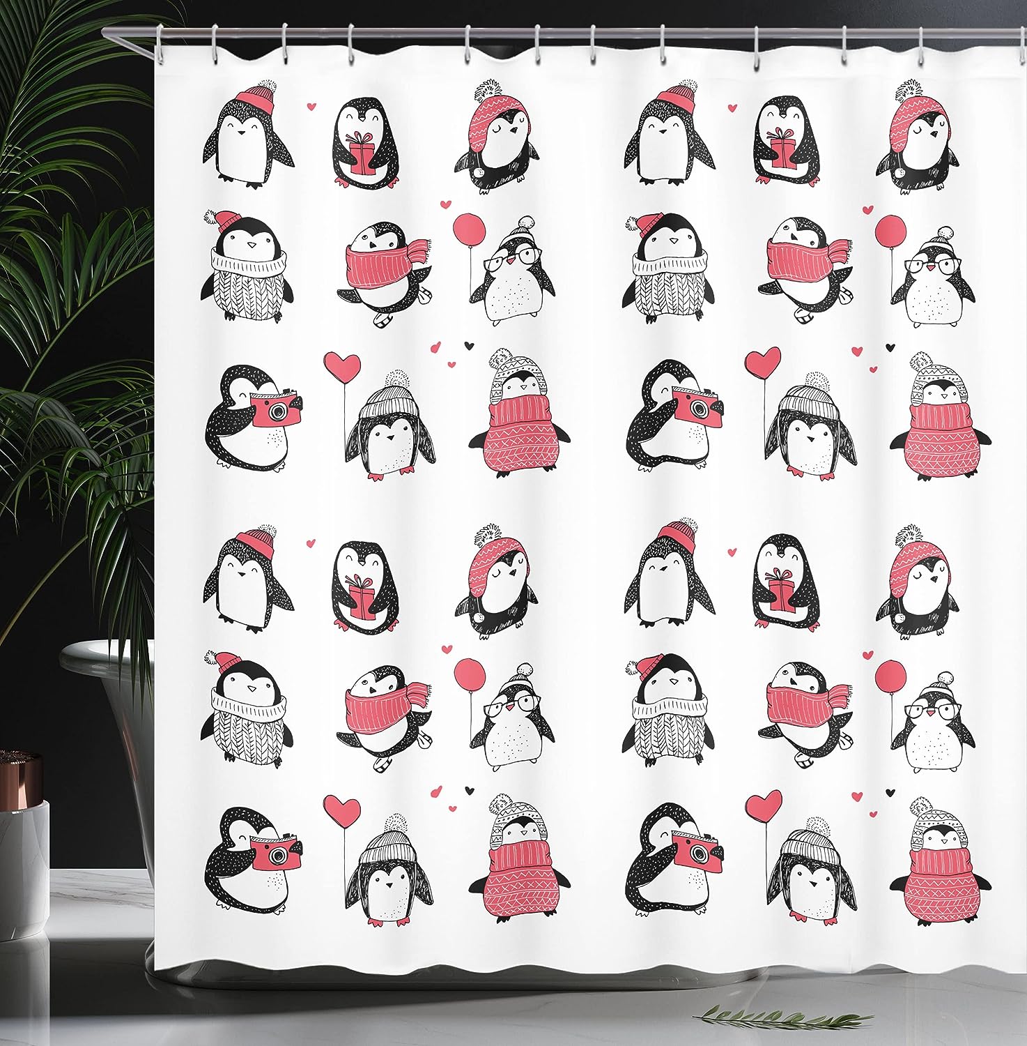 Merry Christmas Penguin Shower Curtain, Hand Drawn Holiday Penguin Illustration, Cloth Bathroom Decor, White and Pink