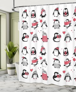 Merry Christmas Penguin Shower Curtain, Hand Drawn Holiday Penguin Illustration, Cloth Bathroom Decor, White and Pink