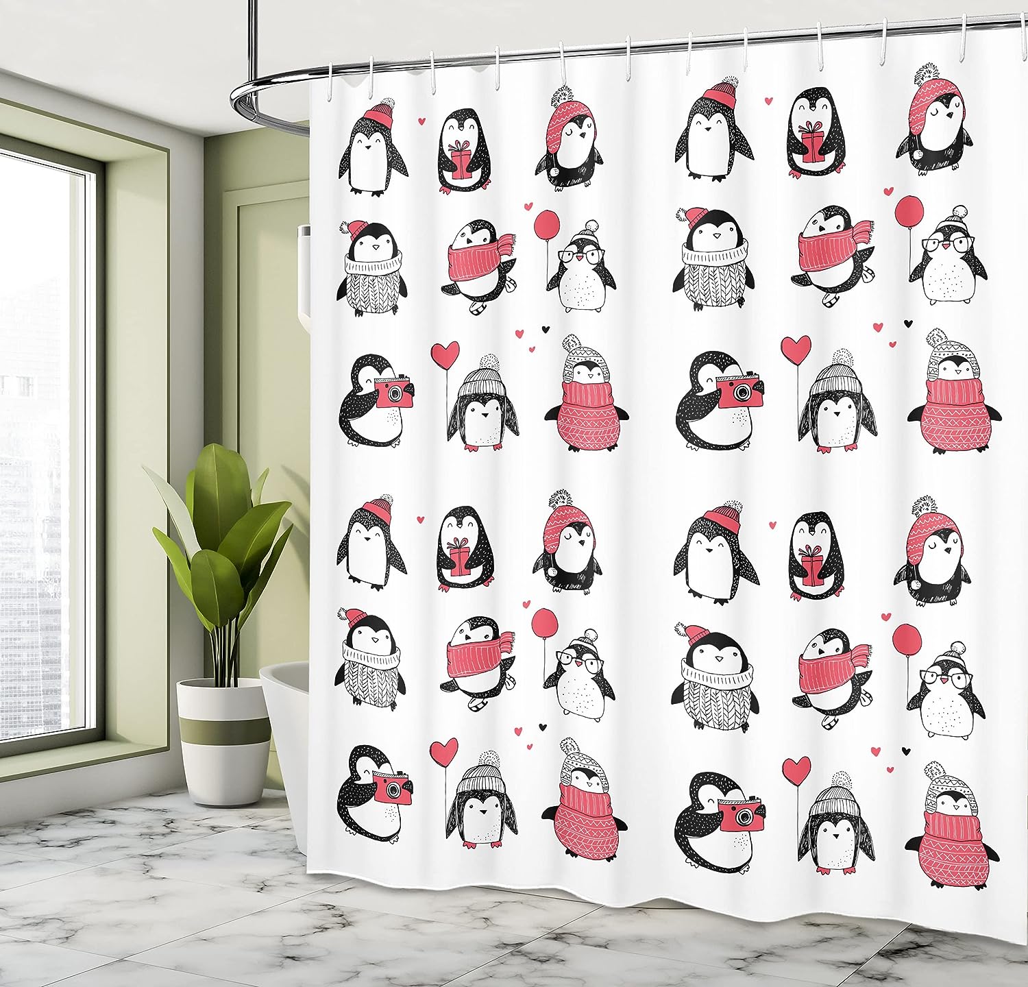 Merry Christmas Penguin Shower Curtain, Hand Drawn Holiday Penguin ...