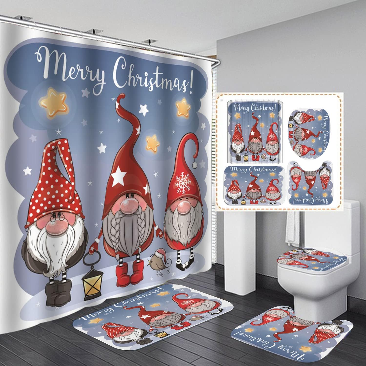 Merry Christmas Shower Curtain with Cute Gnome Print for a Festive ...