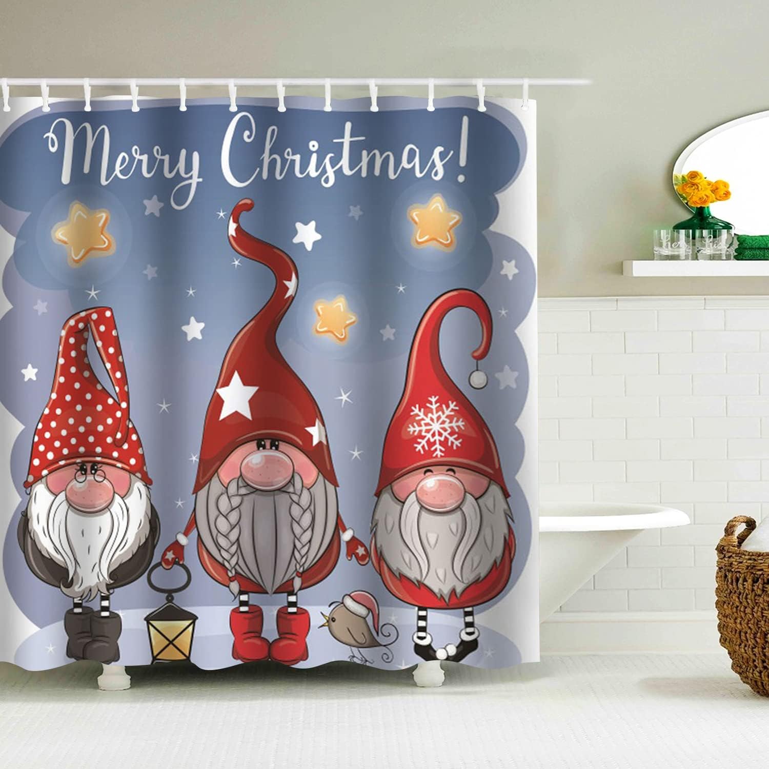 Merry Christmas Shower Curtain with Cute Gnome Print for a Festive Bathroom Decor