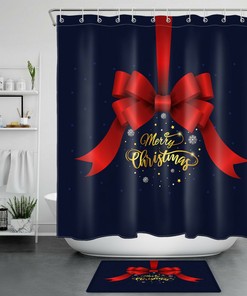 Merry Christmas Shower Curtain with Red Bow and Snowflake for a Festive Bathroom Accessory