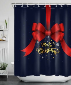 Merry Christmas Shower Curtain with Red Bow and Snowflake for a Festive Bathroom Accessory