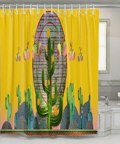 Mexican Cactus Hanging Wooden Scenery Shower Curtain, Vivid Yellow Home Decor for Bathroom