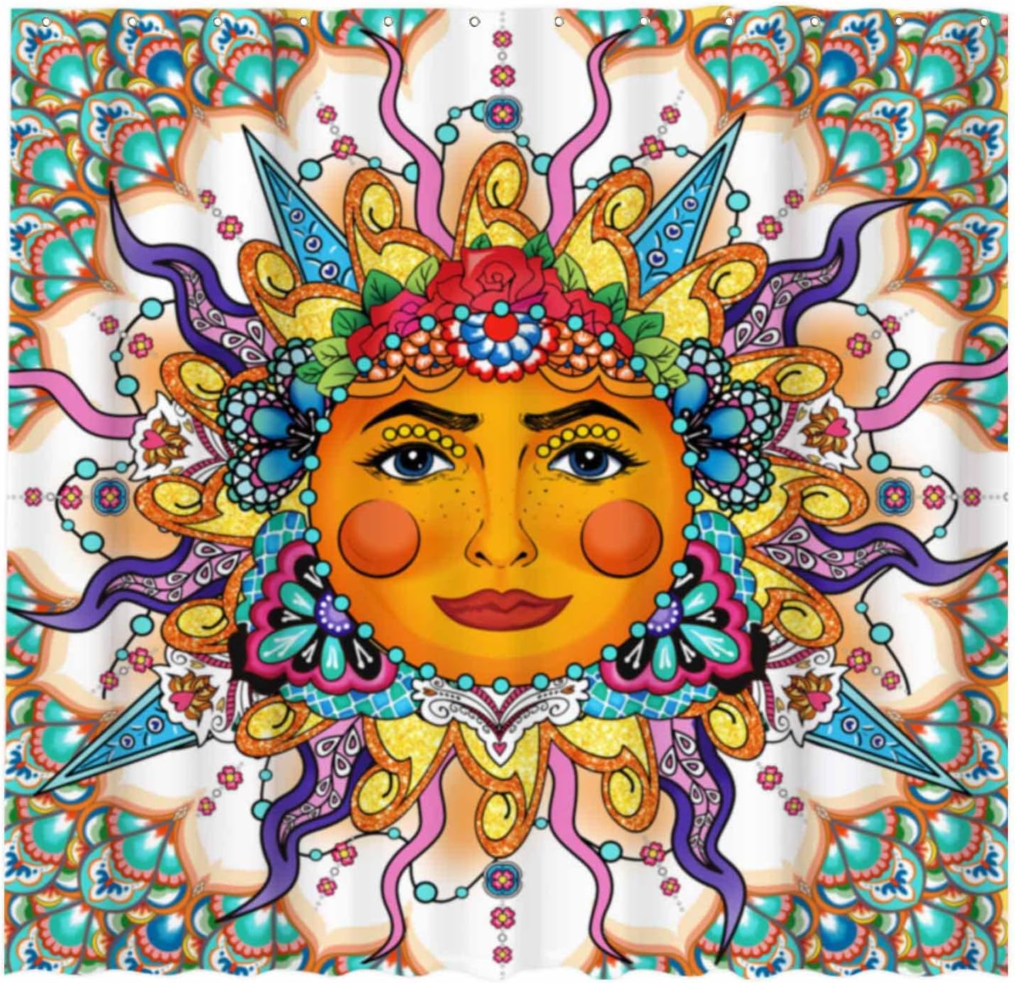 Mexican Talavera Sun Face Shower Curtain Boho Bathroom Decor