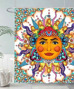 Mexican Talavera Sun Face Shower Curtain Boho Bathroom Decor