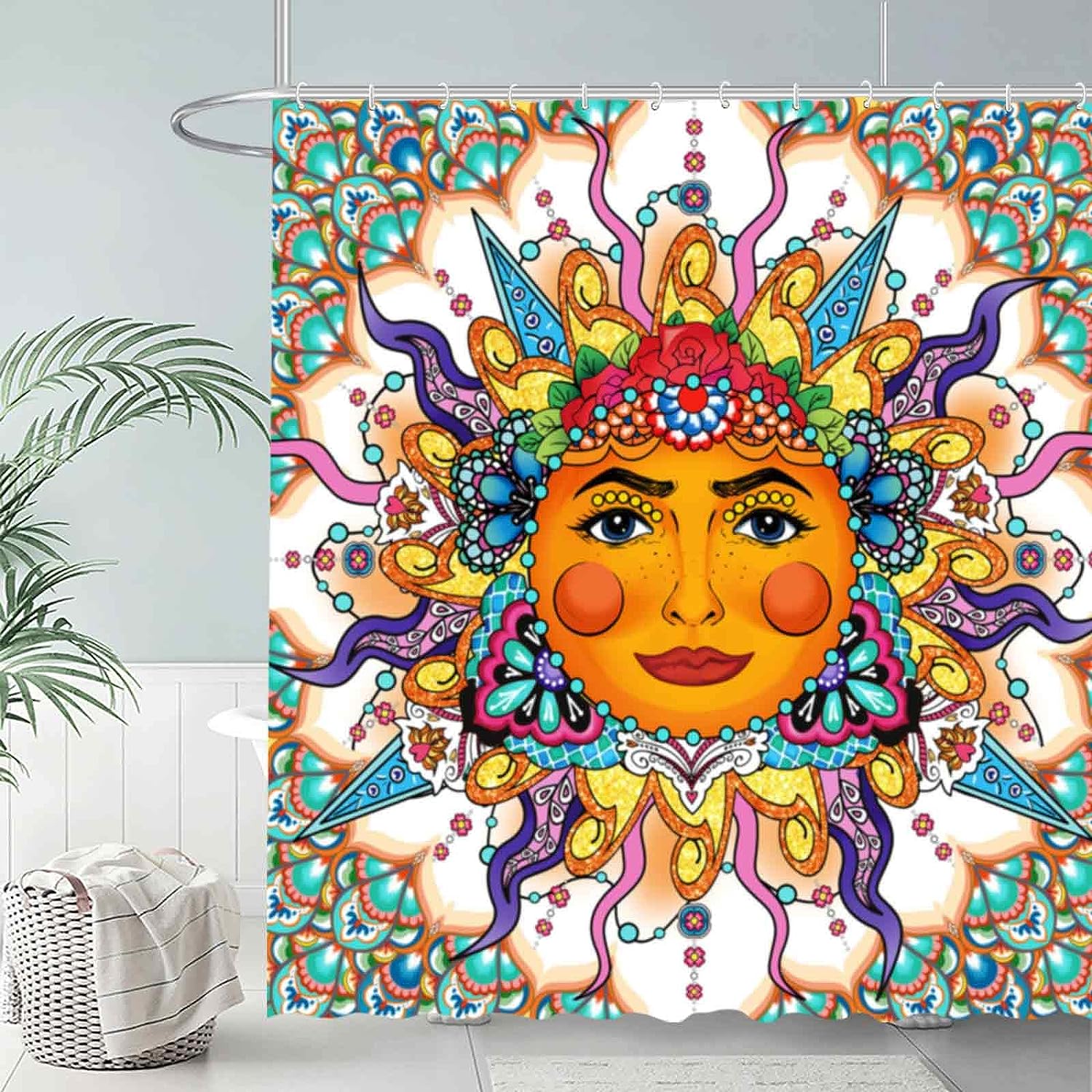 Mexican Talavera Sun Face Shower Curtain Boho Bathroom Decor