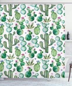 Mexican Texas Cactus Shower Curtain, Cartoon Spike Plant Print for Bathroom Decor, Lime Green Cloth Fabric