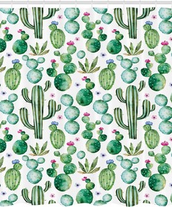 Mexican Texas Cactus Shower Curtain, Cartoon Spike Plant Print for Bathroom Decor, Lime Green Cloth Fabric