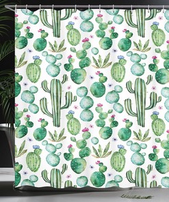 Mexican Texas Cactus Shower Curtain, Cartoon Spike Plant Print for Bathroom Decor, Lime Green Cloth Fabric