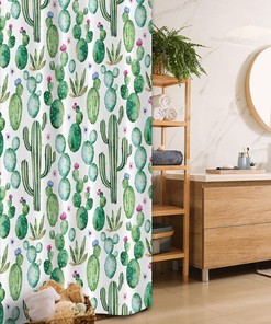 Mexican Texas Cactus Stall Shower Curtain, Cartoon Spike Plant Print for Bathroom Decor, Cute White and Pink Fabric