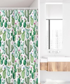Mexican Texas Cactus Stall Shower Curtain, Cartoon Spike Plant Print for Bathroom Decor, Cute White and Pink Fabric