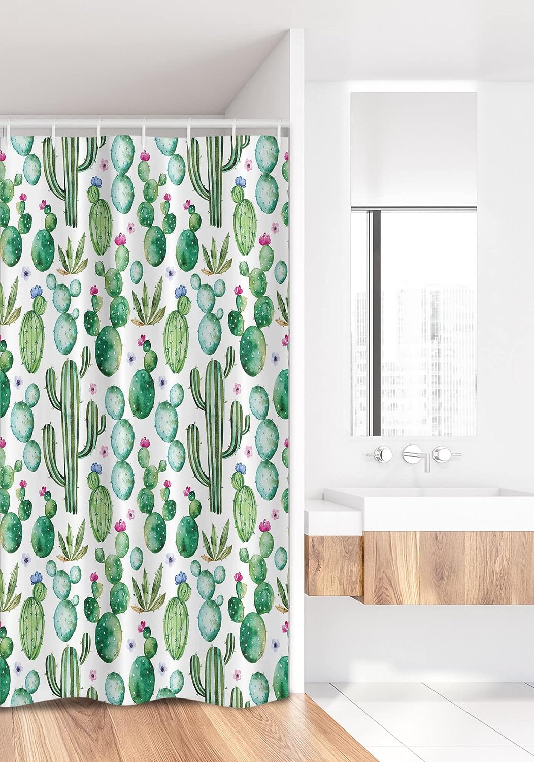 Mexican Texas Cactus Stall Shower Curtain, Cartoon Spike Plant Print for Bathroom Decor, Cute White and Pink Fabric