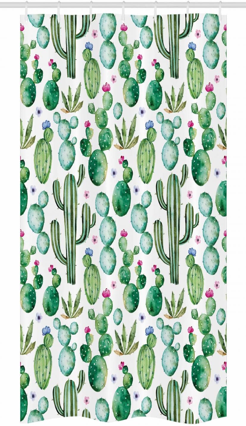 Mexican Texas Cactus Stall Shower Curtain, Cartoon Spike Plant Print for Bathroom Decor, Cute White and Pink Fabric
