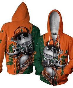 Miami Hurricanes Jack Skellington Halloween 3D Printed Zip Hoodie