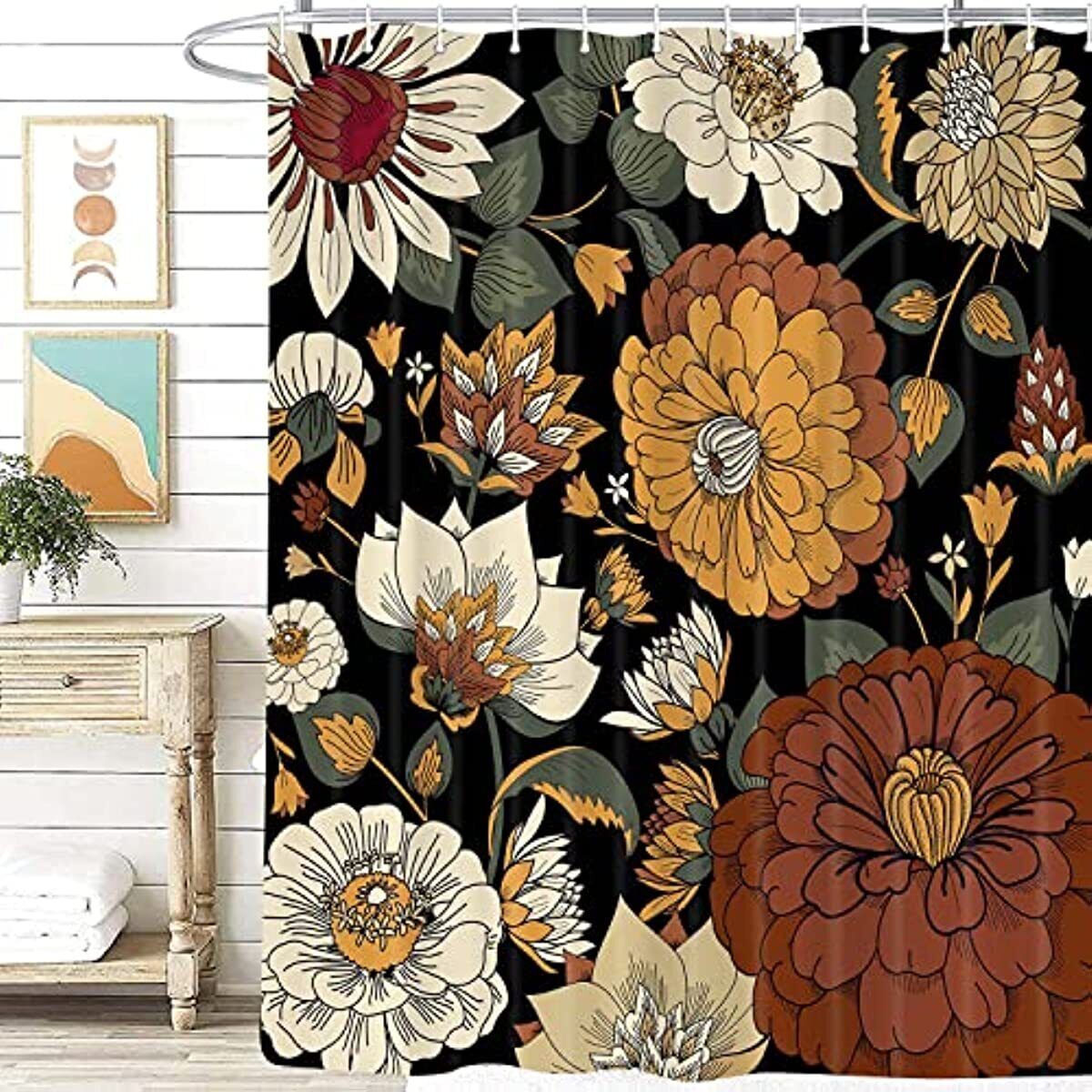 Mid Century Flowers Boho Shower Curtain - Boho Botanical Design for Modern Bathrooms