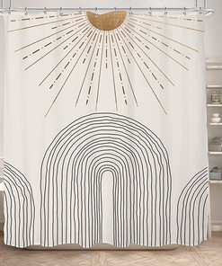 Mid Century Modern Aesthetic Fabric Shower Curtain, Boho Abstract Sun and Mountain Design for Bathroom