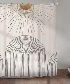 Mid Century Modern Aesthetic Fabric Shower Curtain, Boho Abstract Sun and Mountain Design for Bathroom