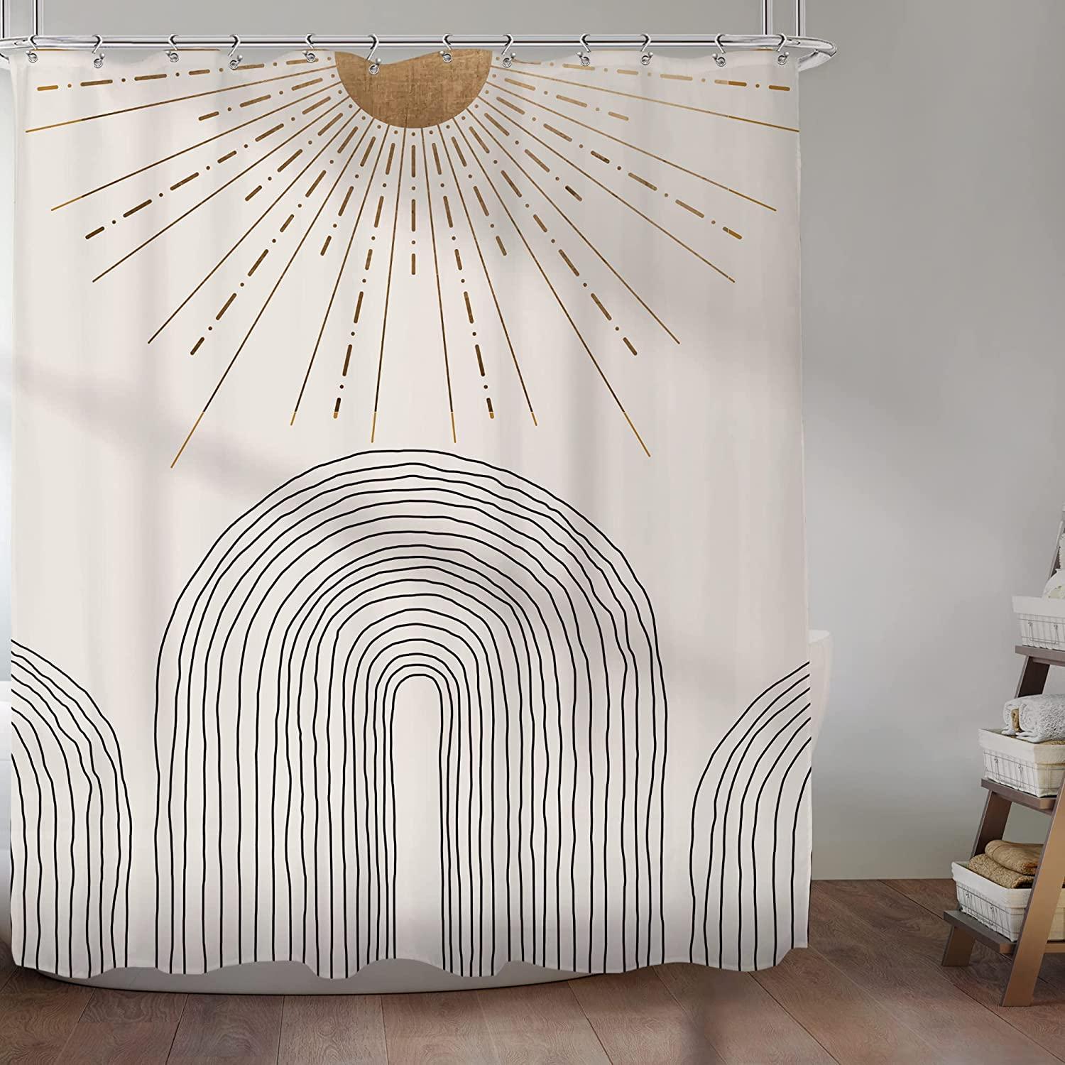 Mid Century Modern Aesthetic Fabric Shower Curtain, Boho Abstract Sun and Mountain Design for Bathroom