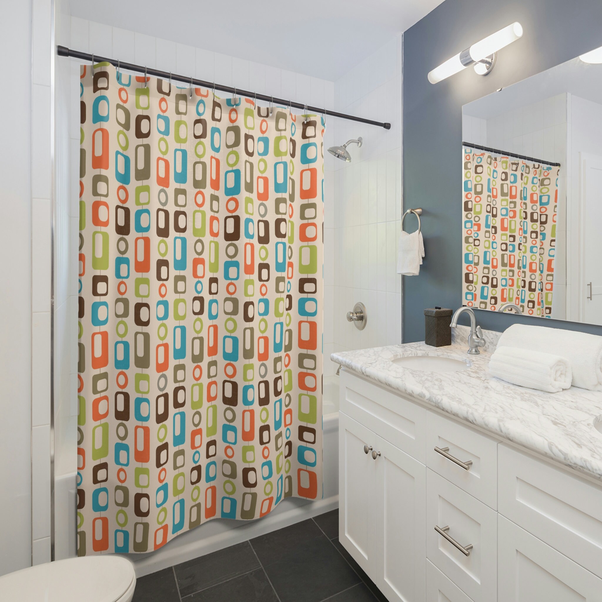 Mid Century Modern Atomic Starburst shower curtain for Retro Bathroom Decor