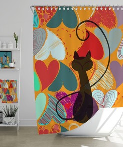 Mid Century Modern Black Cat Kitschy Bathroom Curtain - 90s Hearts Retro Shower Curtain - Red, Blue, and Orange Hearts Bath