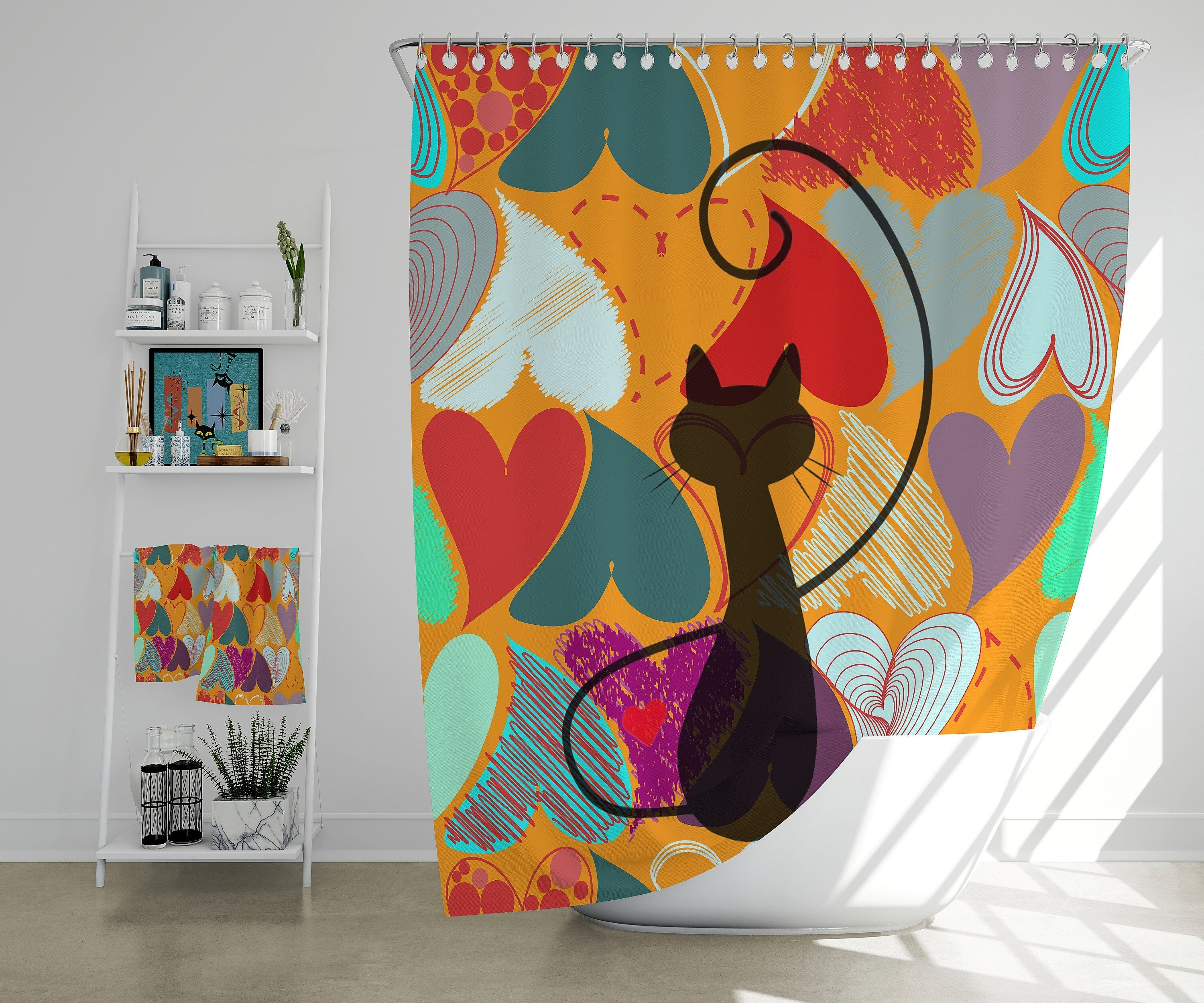 Mid Century Modern Black Cat Kitschy Bathroom Curtain - 90s Hearts Retro Shower Curtain - Red, Blue, and Orange Hearts Bath