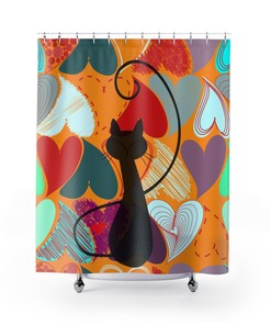 Mid Century Modern Black Cat Kitschy Bathroom Curtain - 90s Hearts Retro Shower Curtain - Red, Blue, and Orange Hearts Bath
