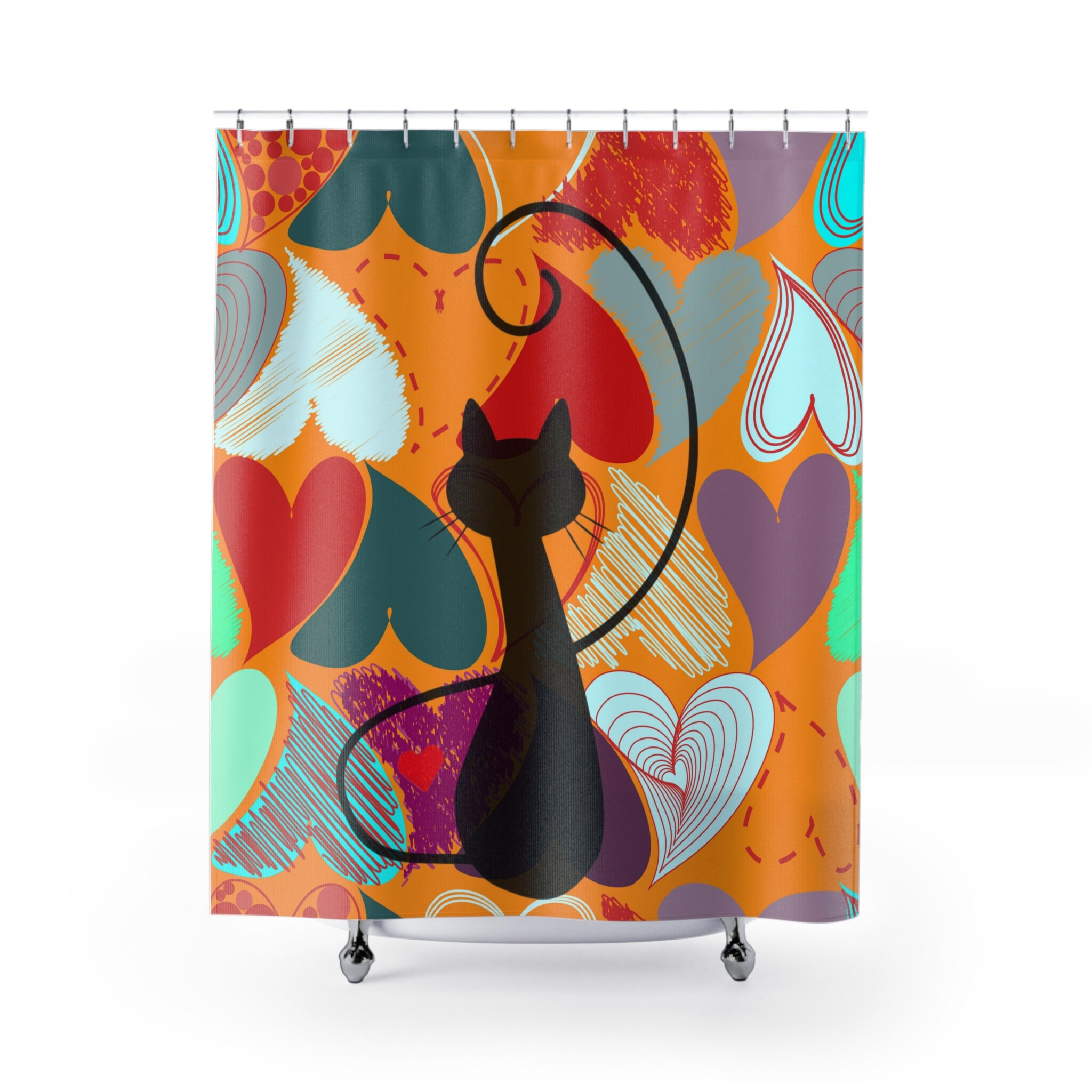 Mid Century Modern Black Cat Kitschy Bathroom Curtain - 90s Hearts Retro Shower Curtain - Red, Blue, and Orange Hearts Bath