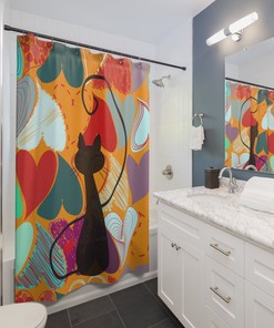 Mid Century Modern Black Cat Kitschy Bathroom Curtain - 90s Hearts Retro Shower Curtain - Red, Blue, and Orange Hearts Bath
