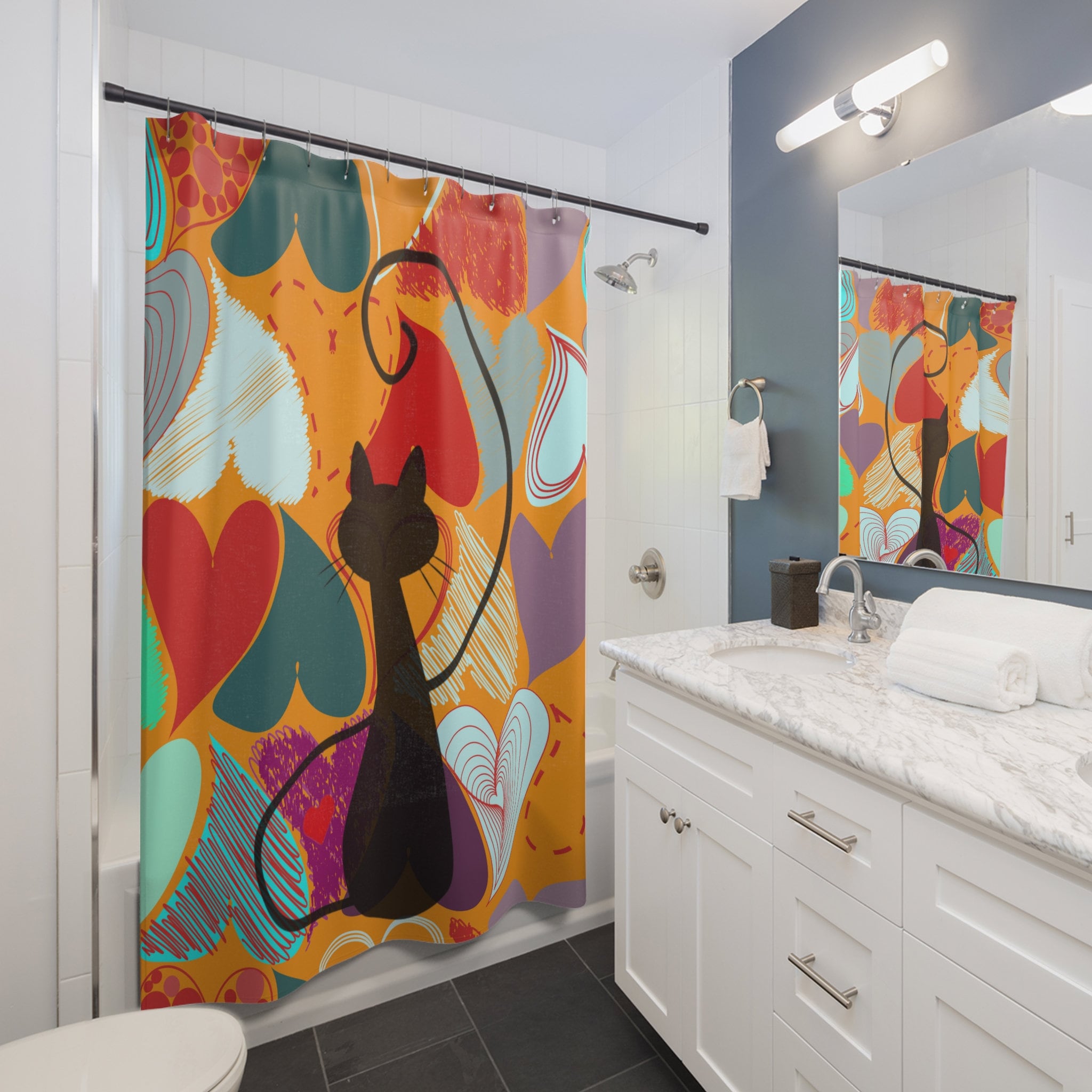 Mid Century Modern Black Cat Kitschy Bathroom Curtain - 90s Hearts Retro Shower Curtain - Red, Blue, and Orange Hearts Bath