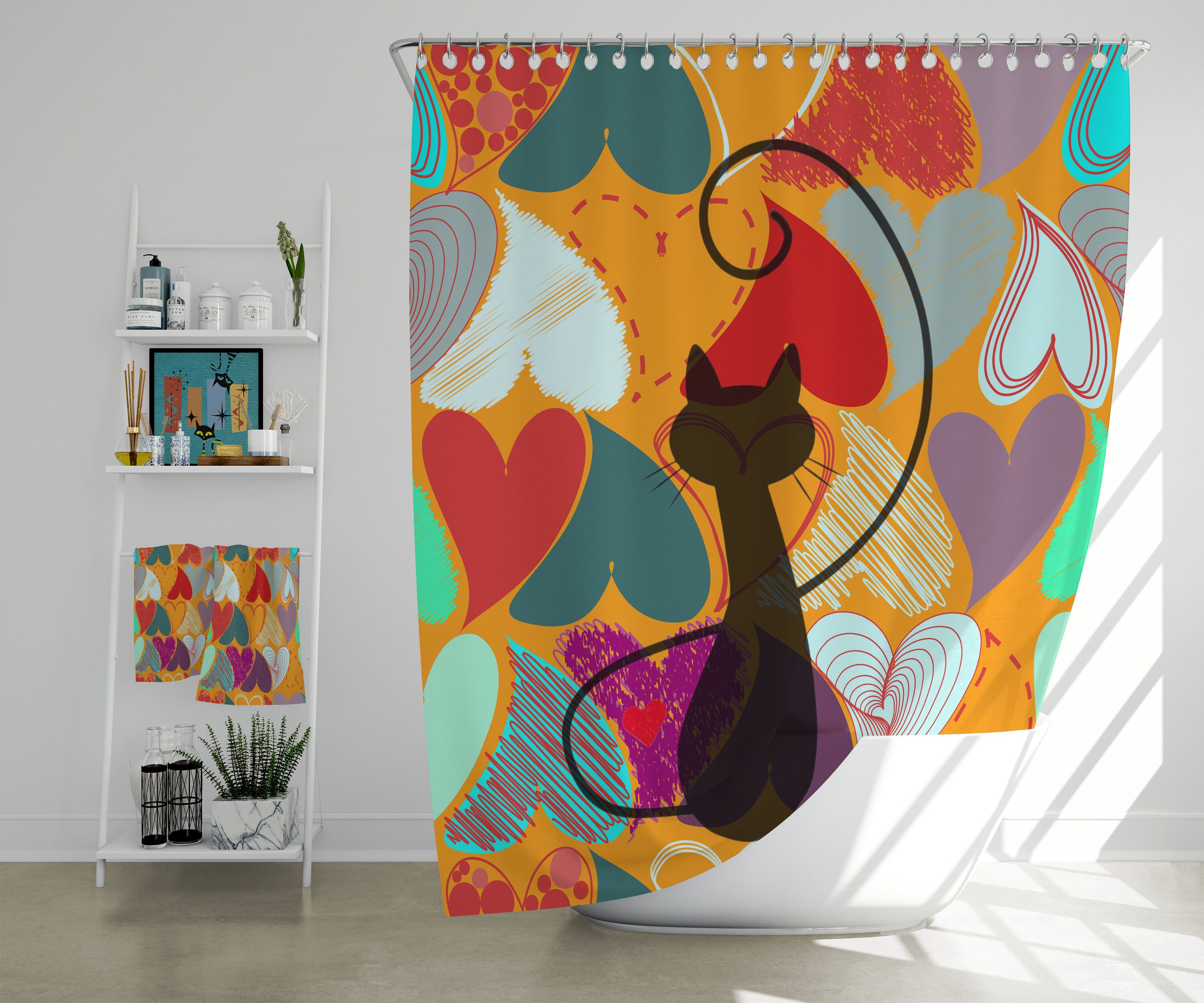 Mid Century Modern Black Cat Kitschy Bathroom Curtain - 90s Hearts Retro Shower Curtain - Red, Blue, and Orange Hearts Bath