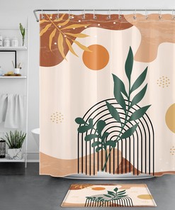 Mid Century Shower Curtain - Green Leaf Arched Abstract Sun Design for Bathroom 